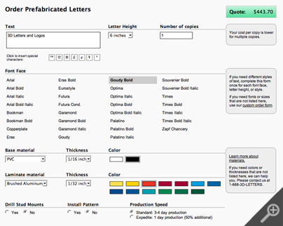 Screenshot of prefabricated letter order form